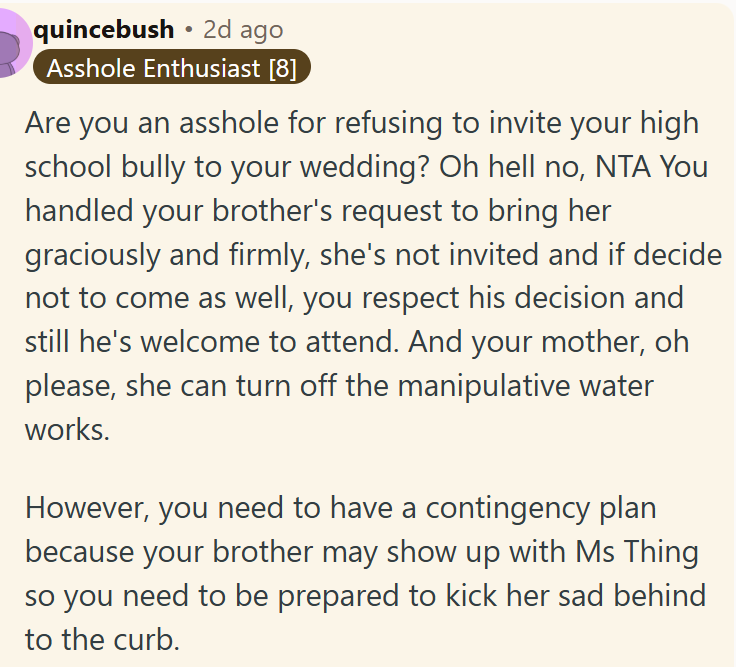 OP is right to set boundaries and protect her peace on her wedding day.