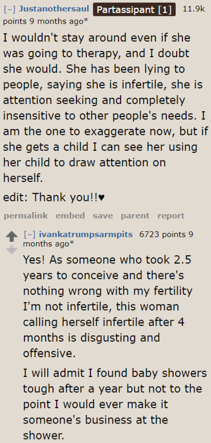 She can't claim she's infertile after only four months of trying to conceive with her husband.