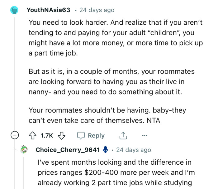 “In a couple of months, your roommates are looking forward to having you as their live-in nanny—and you need to do something about it.”