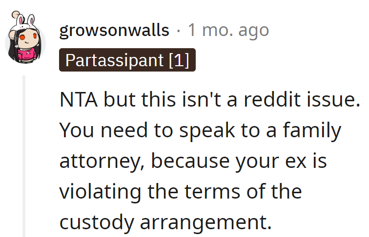 NTA, skip the Reddit saga; consult a family attorney. The ex is waltzing all over custody terms without missing a step.