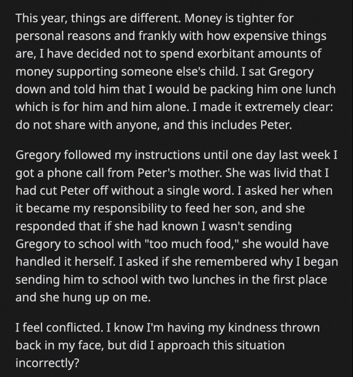 Gregory & Peter are about to start 8th grade, and OP thinks it's time to stop giving Peter free lunch