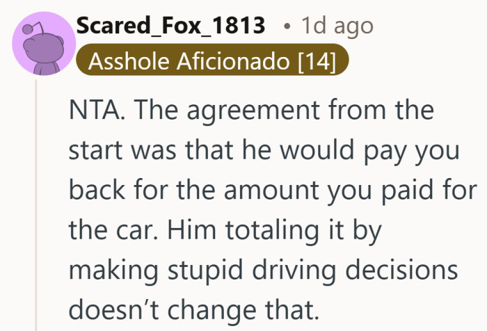 Breaking the car didn’t rewrite the agreement that came with it.