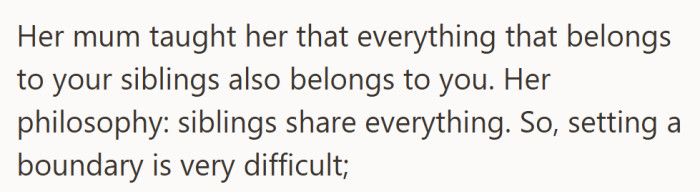 With a parent reinforcing that “siblings share everything,” setting boundaries felt almost impossible.