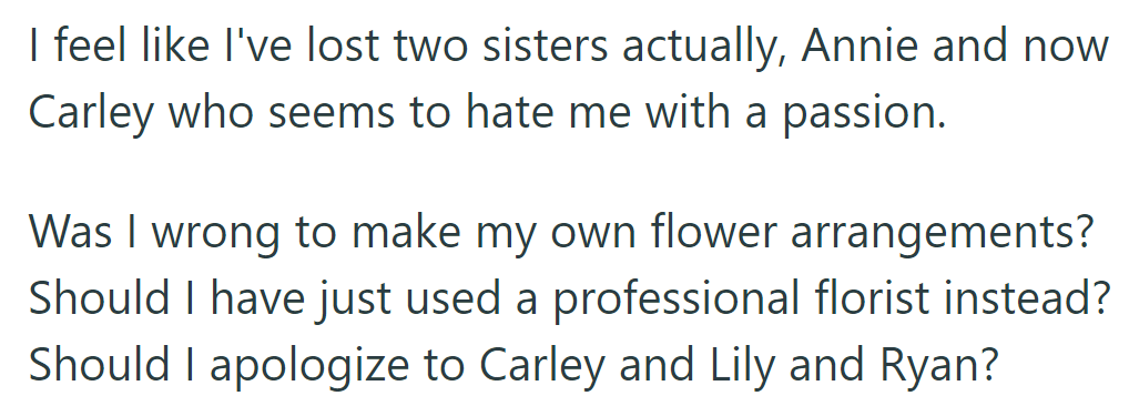 Feeling loss with Annie and Carley, they question their flower arrangement choice and whether apologizing to Carley, Lily, and Ryan is necessary.