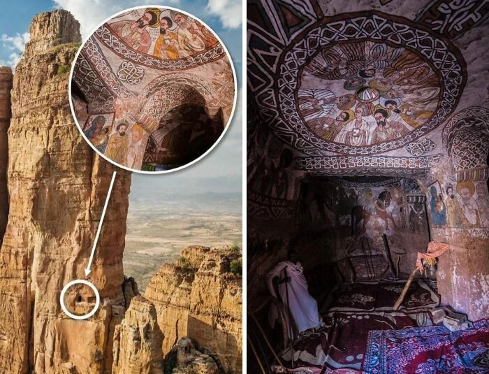 Abuna Yem'ata Guh, Ethiopia - a 5th-century rock-hewn church perched at 8,460 ft, accessible only by foot climb, and renowned for its intact dome and wall paintings.