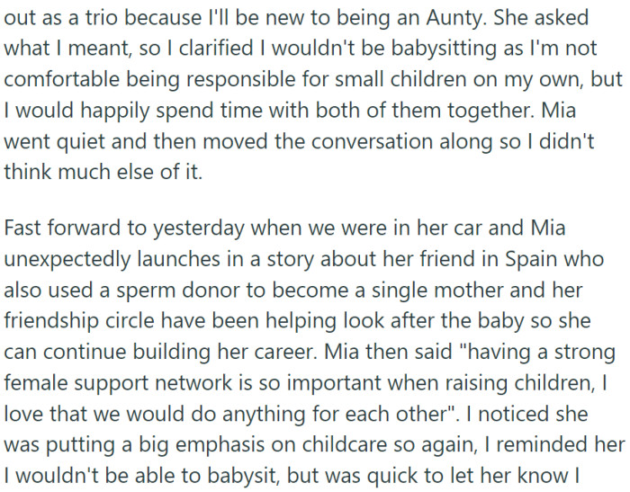 OP was supportive until the moment she found out that Mia is counting on her to help with the baby.