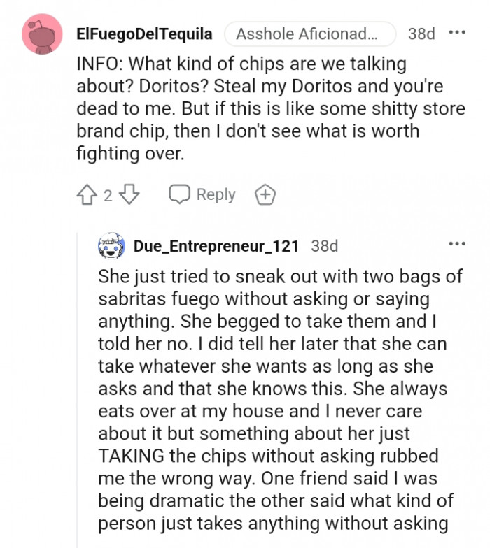 She always eats over at the OP's house, and she never cares about it.
