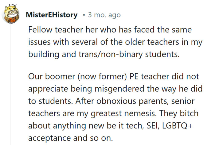 Dealing with old-school senior teachers is like wrestling with a stubborn gym mat—they resist change harder than obnoxious parents at a PTA meeting!