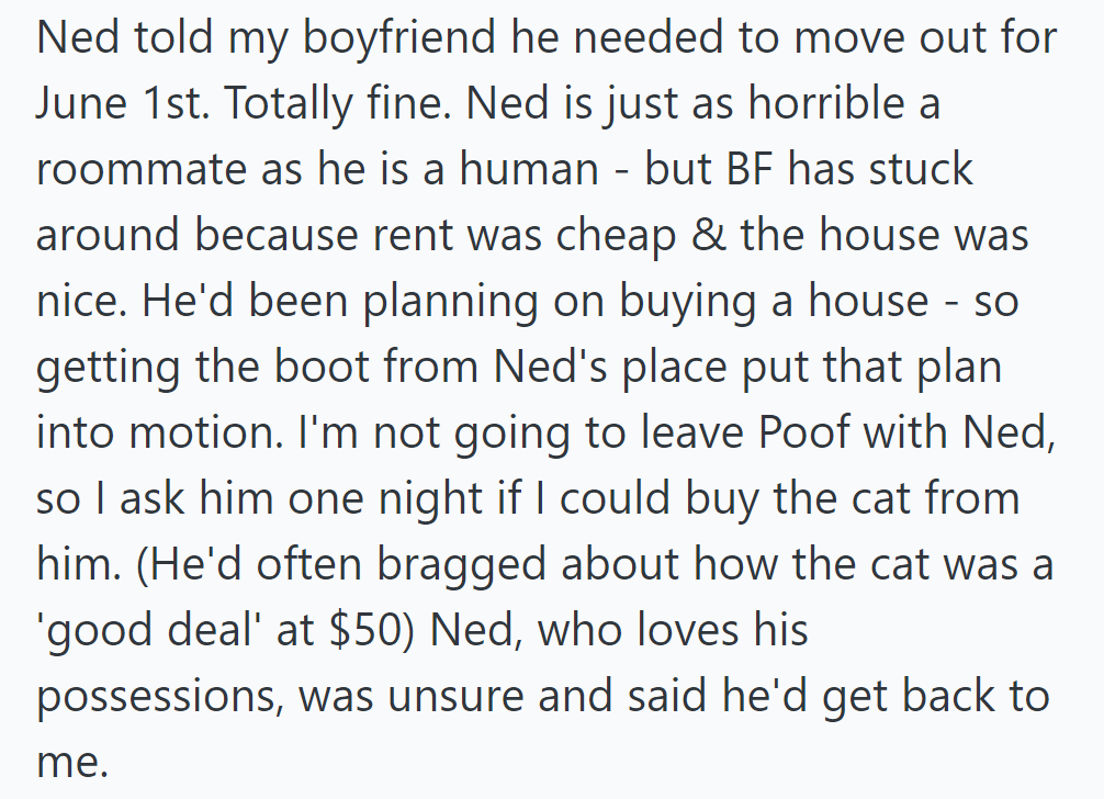 Ned's eviction spurred house-buying plans. She asked to buy Poof, but Ned hesitated despite bragging about the cat's low price.