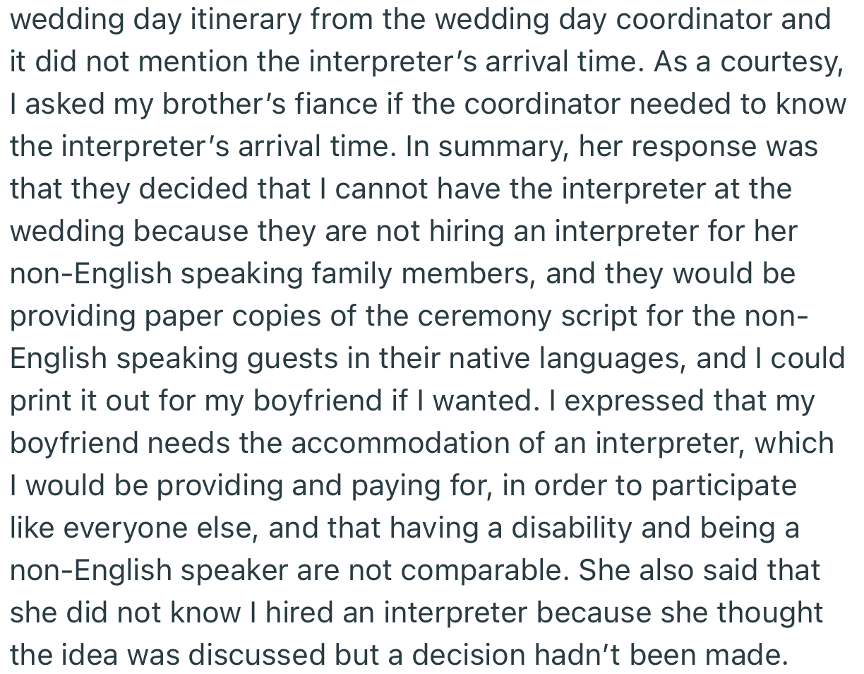 OP’s future SIL decided to pull the plug on their plans to get an ASL interpreter