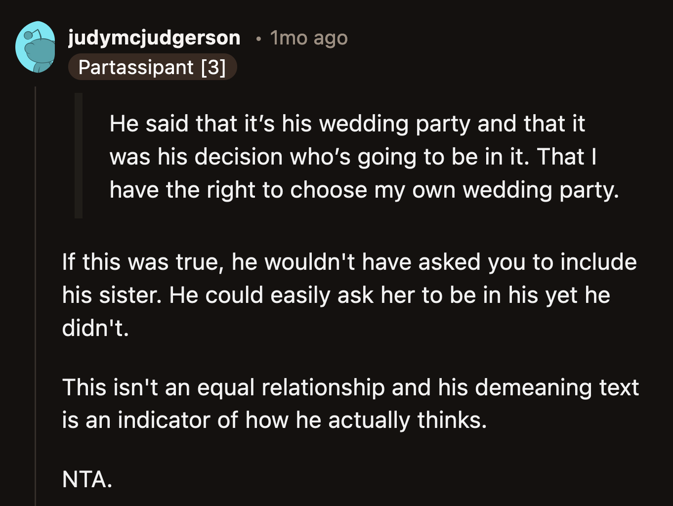 Why wasn't his sister good enough for his wedding party, but Liz was? He is showing his priorities.