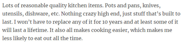 16. Collection of durable kitchen essentials like pots, pans, knives, and dishware