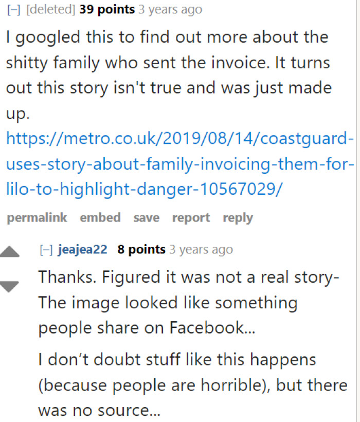 One Redditor points out the story is fake.