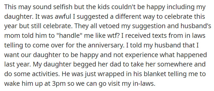 Last Christmas left the kids, including OP's daughter, feeling unhappy, and her suggestion for a different celebration was vetoed by her in-laws.