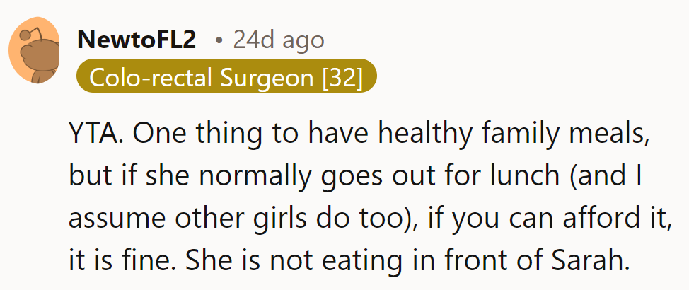 YTA. Let her lunch out if others do; it's not a show for Sarah.