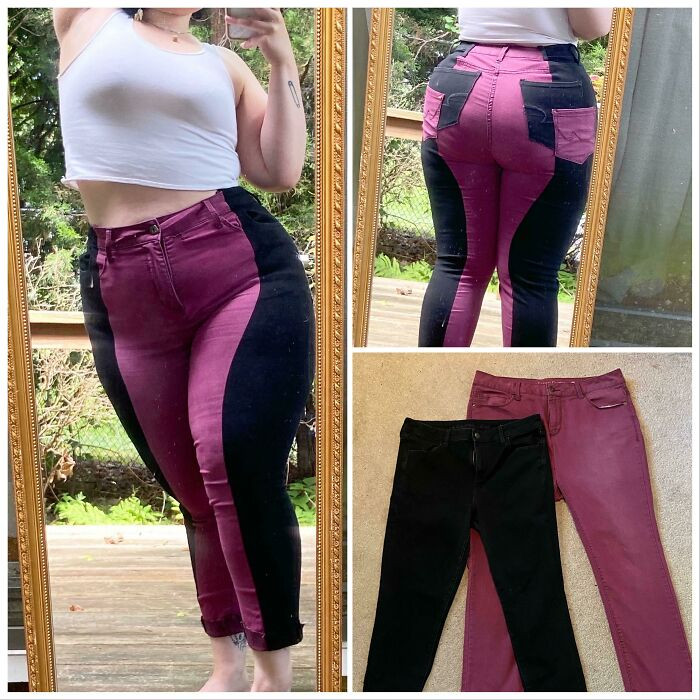 16. Using a damaged pair and a thrift store find, Sixteen crafted stylish two-tone pants, proudly achieve the look for just $6. Every pocket remains functional.