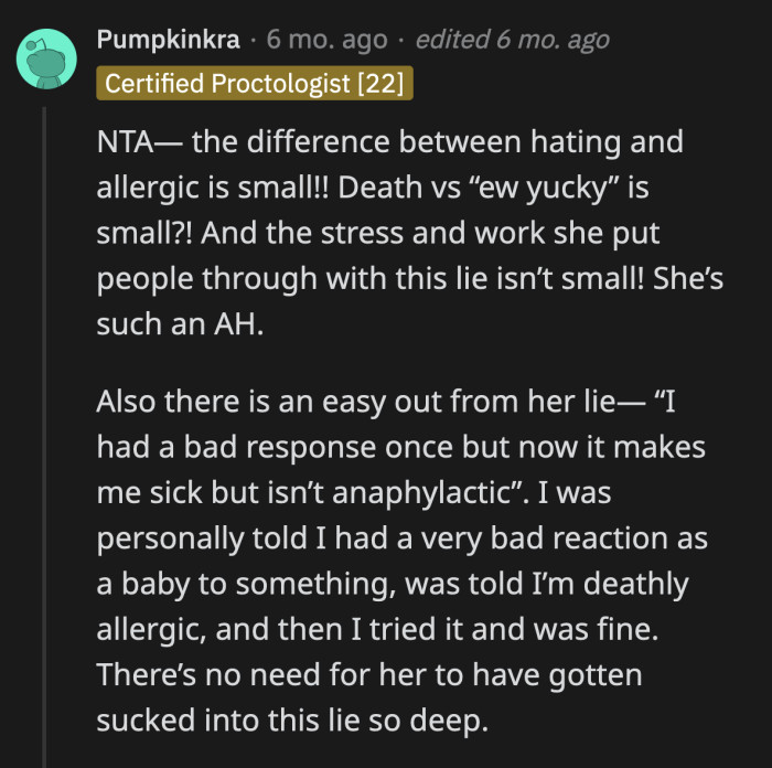 Her dismissal of allergies while simultaneously claiming to have them is fascinating.