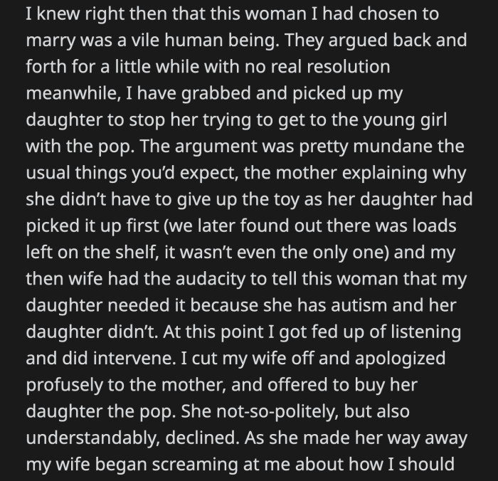 OP couldn't believe Emily used such a hateful word. He went to his daughter and stopped her from trying to take the figure from the other girl.