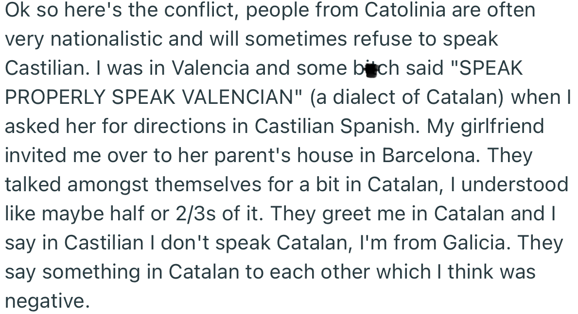 OP Went to Visit His Girlfriend at Her Parents' House, but He Got Frustrated That Her Family Kept Speaking Catalan, Even After Making It Clear That He Can’t Speak the Language