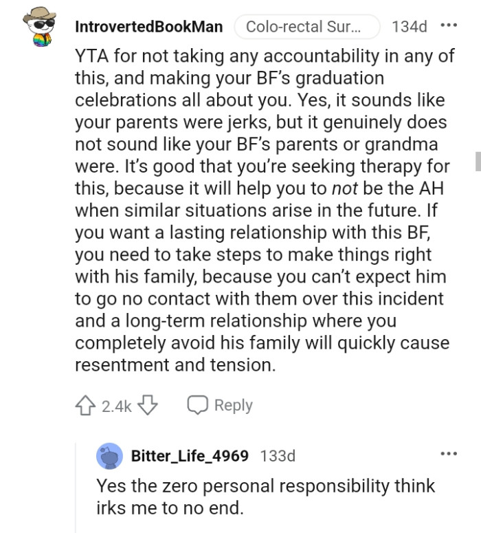 It's good the OP's seeking therapy