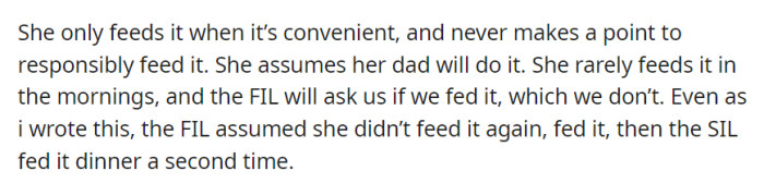 SIL neglects her dog's feeding, relying on her father to do it. This results in confusion and double feeding by him and her husband.