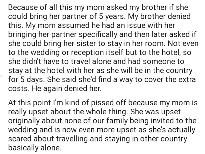 OP's Brother Is Adamant That Mom Can't Come Without Anyone Else, Even Though She's Willing to Cover the Extra Costs
