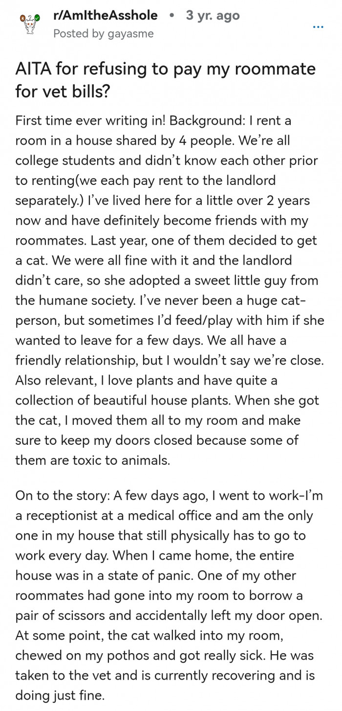 1. The Reddit post where OP shared the story of why she chose not to pay for her roommate's vet bills.