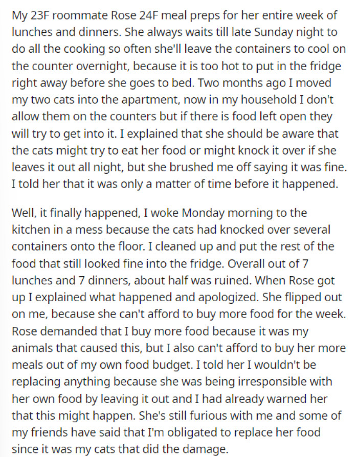 OP's post was pretty straightforward and laid out what happened, as well as the reasoning for OP not wanting to buy any more food for her roommate.