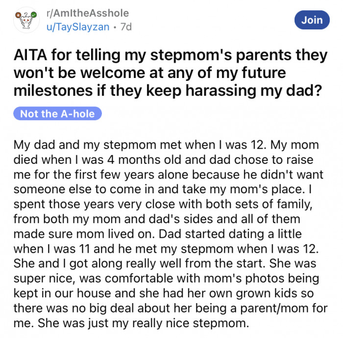 The Reddit user shared a story about the difficulties she has experienced with her blended family.