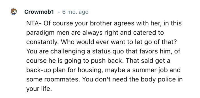 “NTA…Get a back-up plan for housing. You don't need the body police in your life.”