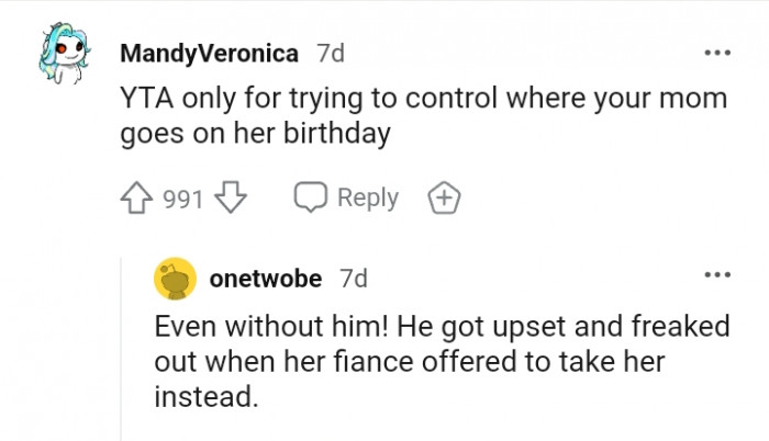 The OP was trying to control where the mom goes on her birthday