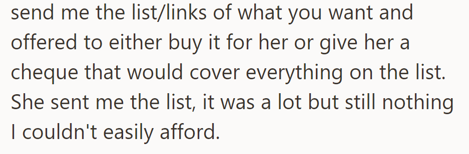 She agreed to help and asked for a list. She offered to buy items or provide a check. The list was extensive but affordable for her.