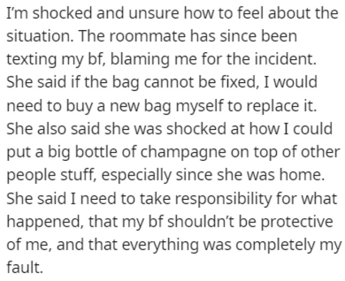 The roommate is saying that the bag can't be fixed, and she's demanding that OP get her a new bag