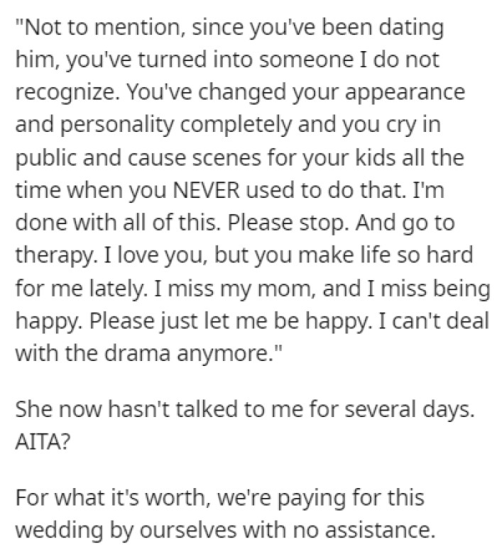 OP hasn't heard from her mom since the rant, so she shared this post on Reddit to see if she went too far