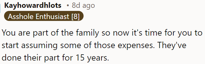 It's time for OP to start covering some of those expenses; her father has been doing so for 15 years.