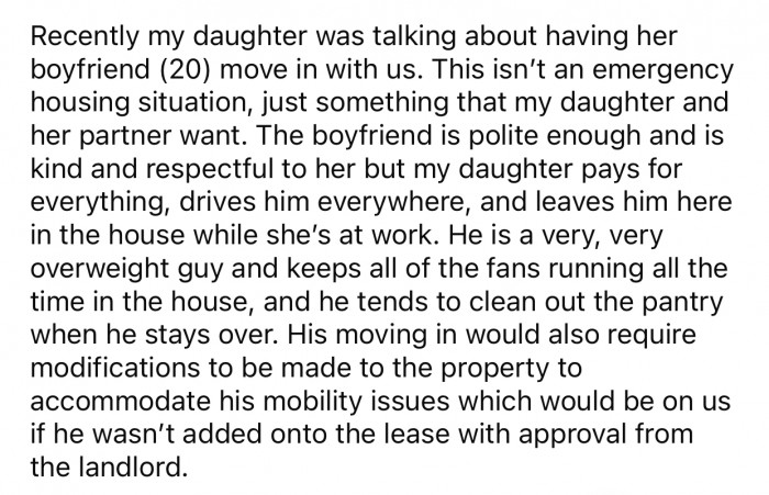 The daughter wanted her boyfriend to move in with them, but OP didn't like the idea.