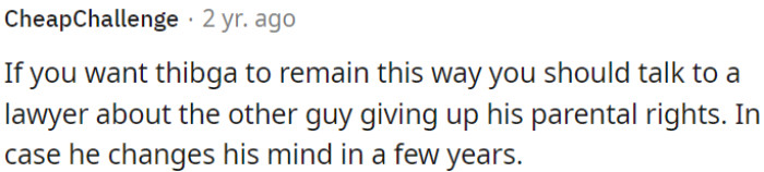 OP should consult a lawyer to explore the option of the other party voluntarily relinquishing their parental rights, just to prevent potential changes of mind by the other party in the future.