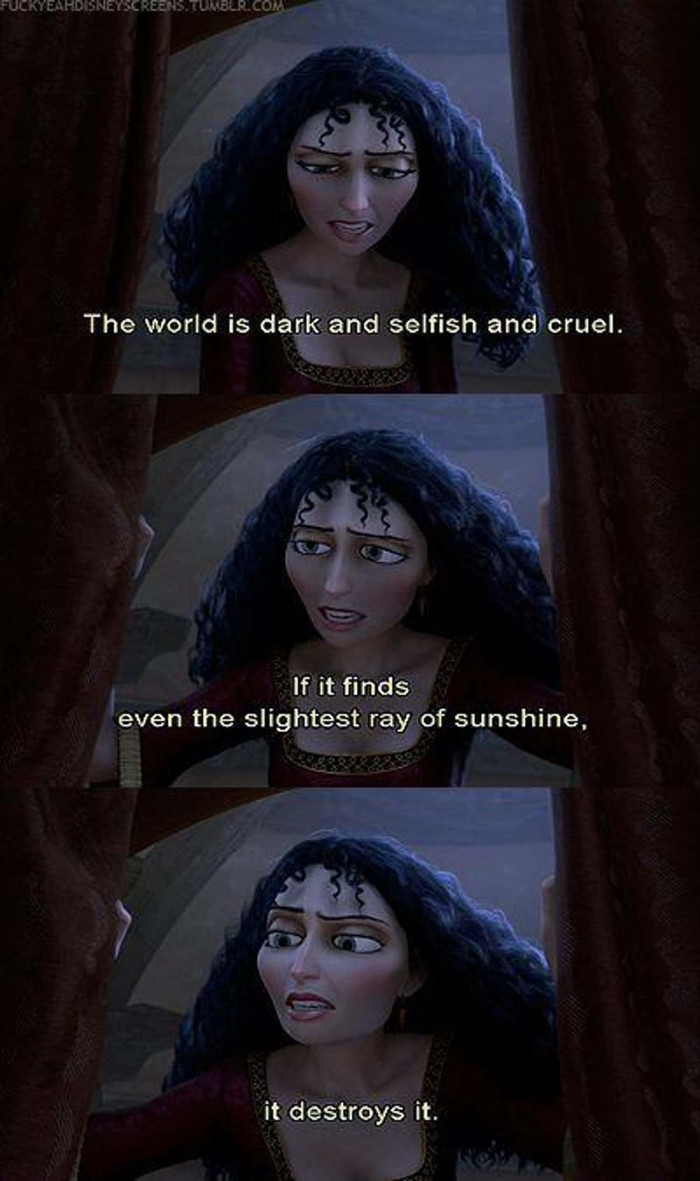 10. Mother Gothel's consistent attempts to keep Rapunzel from leaving the tower. She's using scare tactics this time.