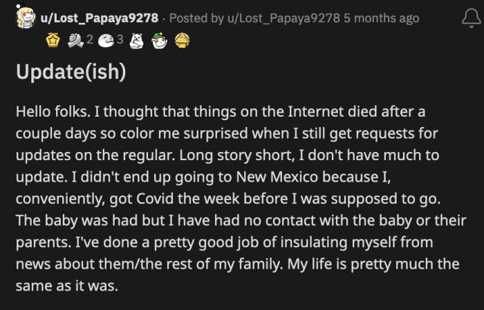 A few months later, OP's sister gave birth but OP has no real news about them since they haven't talked since that day at the park.