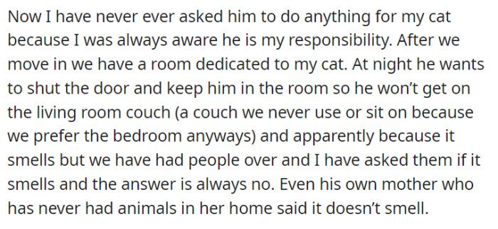 Despite being aware that her cat is her sole responsibility, OP's boyfriend insisted on keeping the dedicated cat room door closed at night to prevent any potential odor on the living room couch, despite confirmation from visitors and his own mother that there was no noticeable smell.