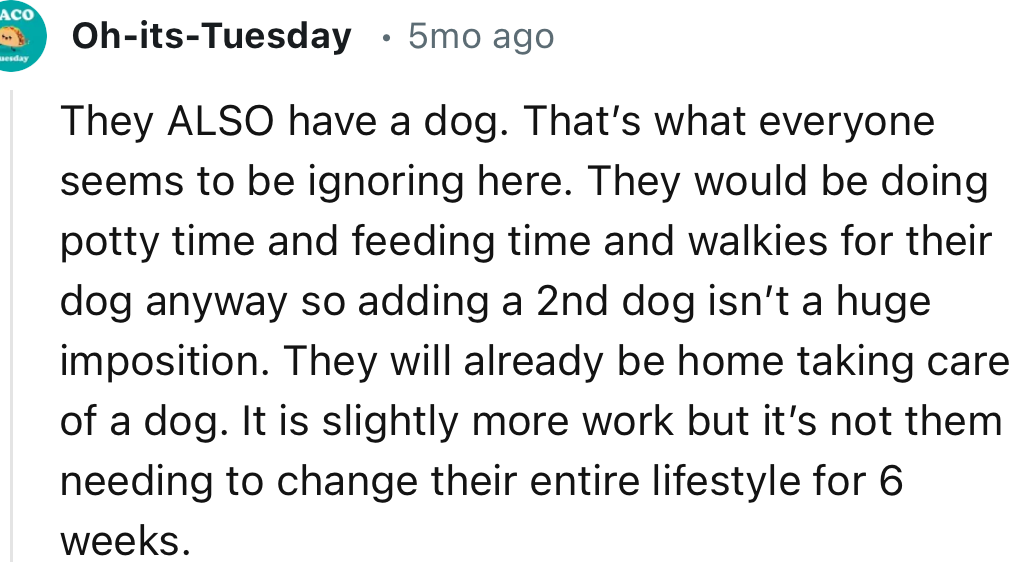 “They would be doing potty time, feeding time, and walkies for their dog anyway, so adding a second dog isn’t a huge imposition.