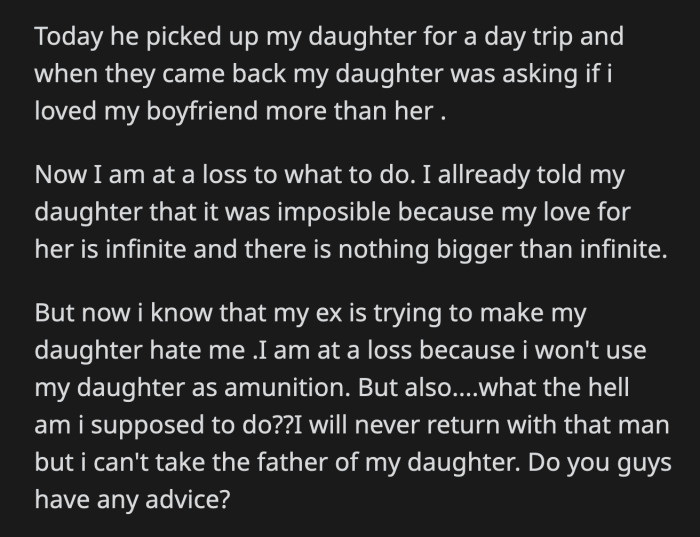 When that didn't work either, he tried to turn their daughter against OP.