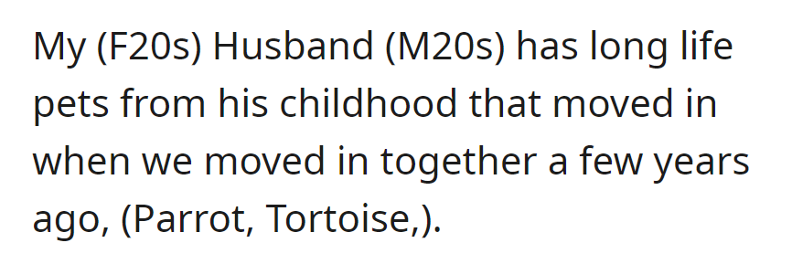 A 20s couple, married and living together, has cherished childhood pets—a parrot and a tortoise—that have been part of their shared home for years.