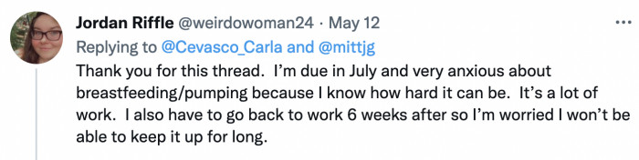An expecting mom had less to worry about because of the informative thread. Like others, she doesn't have the right to a year-long maternity leave to breastfeed her baby.