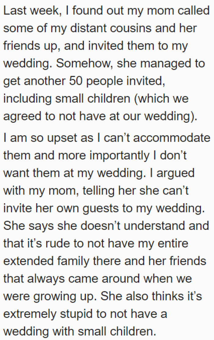 The mother started inviting more people without the OP's permission.