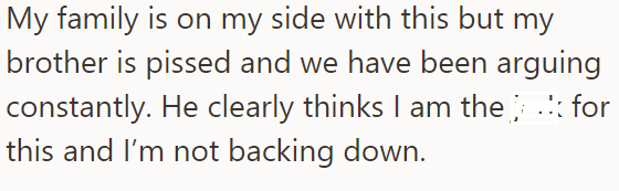 Everyone supports the OP's stance except their brother, so they ask for unbiased opinions