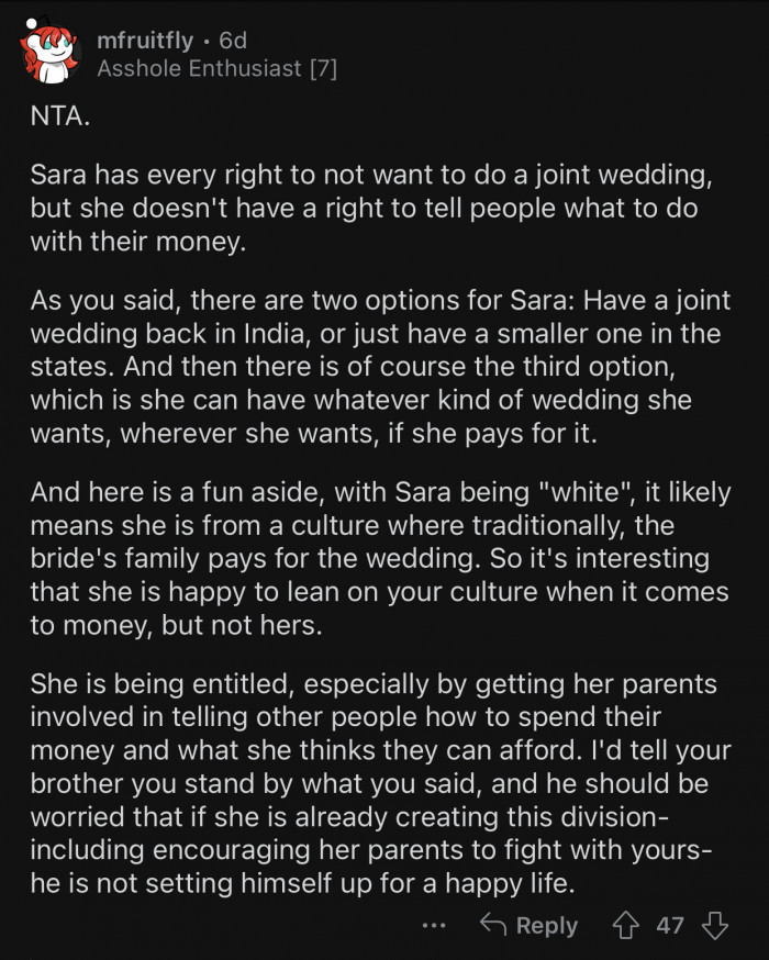 Sara is being entitled and refuses to compromise.