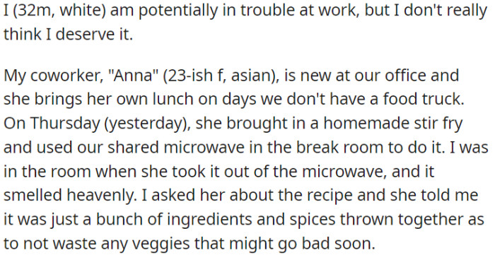 OP is a 32-year-old white male with a potential work issue involving a new coworker, Anna (23, Asian).