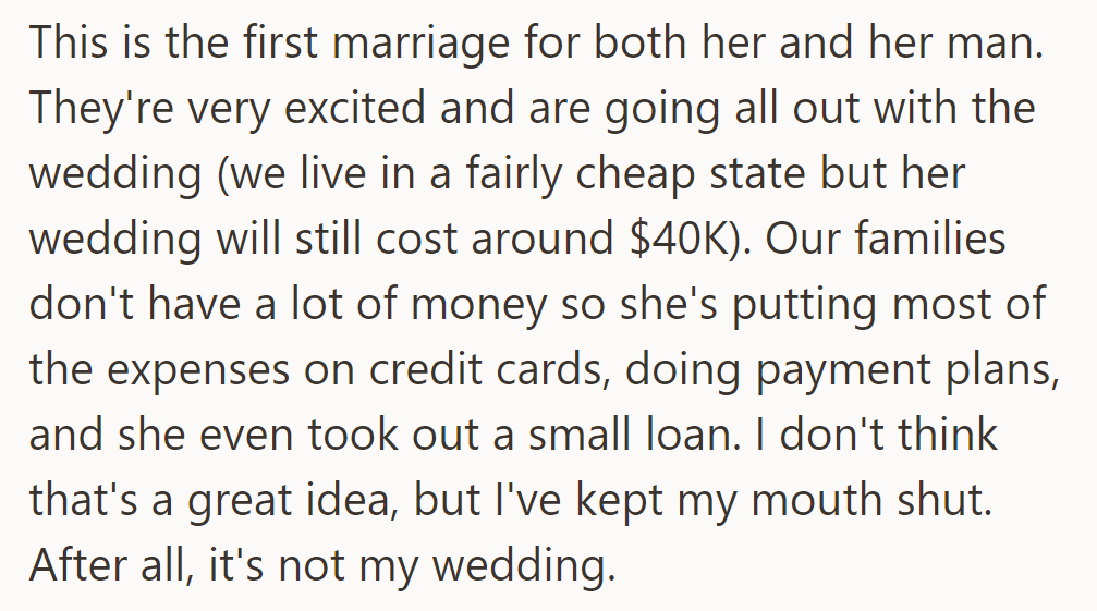 It's her and her fiancé's first marriage; they're spending $40K, using credit and loans.