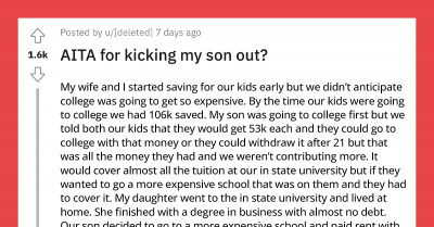 Parents Give Their Children $53k Each To Help Pay For Their College Fees, Their Daughter Earns Six Figures While Their Son Is A Couch-Surfing Brat With No Degree